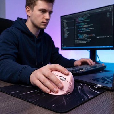 Souris ergonomique sans fil utilisée par un programmeur