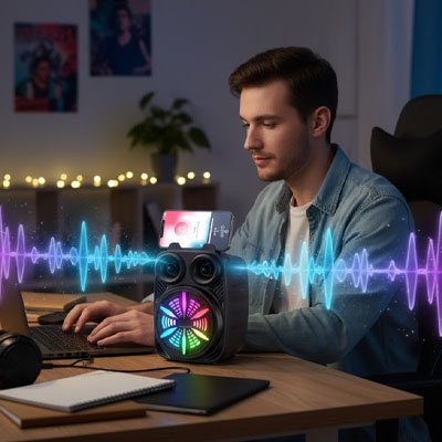 Haut parleur  diffusant de la musique alors qu'un homme travaille avec son ordinateur portable