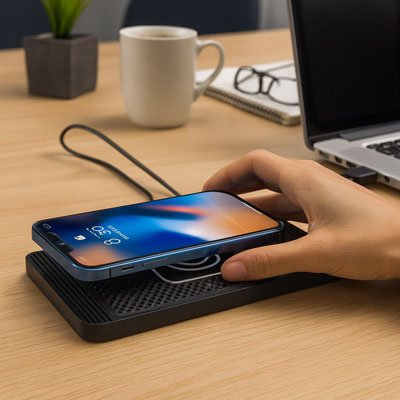 Chargeur induction silicone noir telephone ouvert