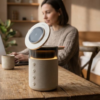 Chargeur sans fil avec haut parleur beige