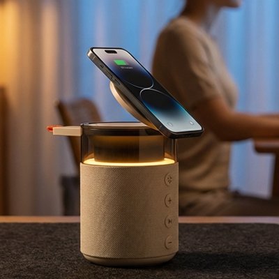 Chargeur sans fil haut parleur avec téléphone
