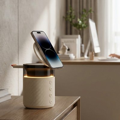 Chargeur sans fil haut parleur bureau arrière plan