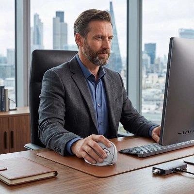 Souris ergonomique sans fil blanche dans bureau d'un homme