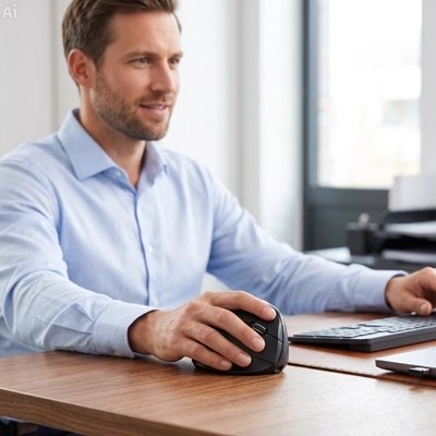 Souris ergonomique sans fil noire utilisée par un homme à son bureau de travail