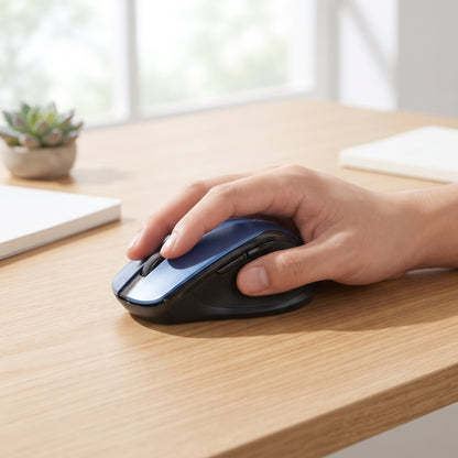 souris ergonomique bleue prise en main