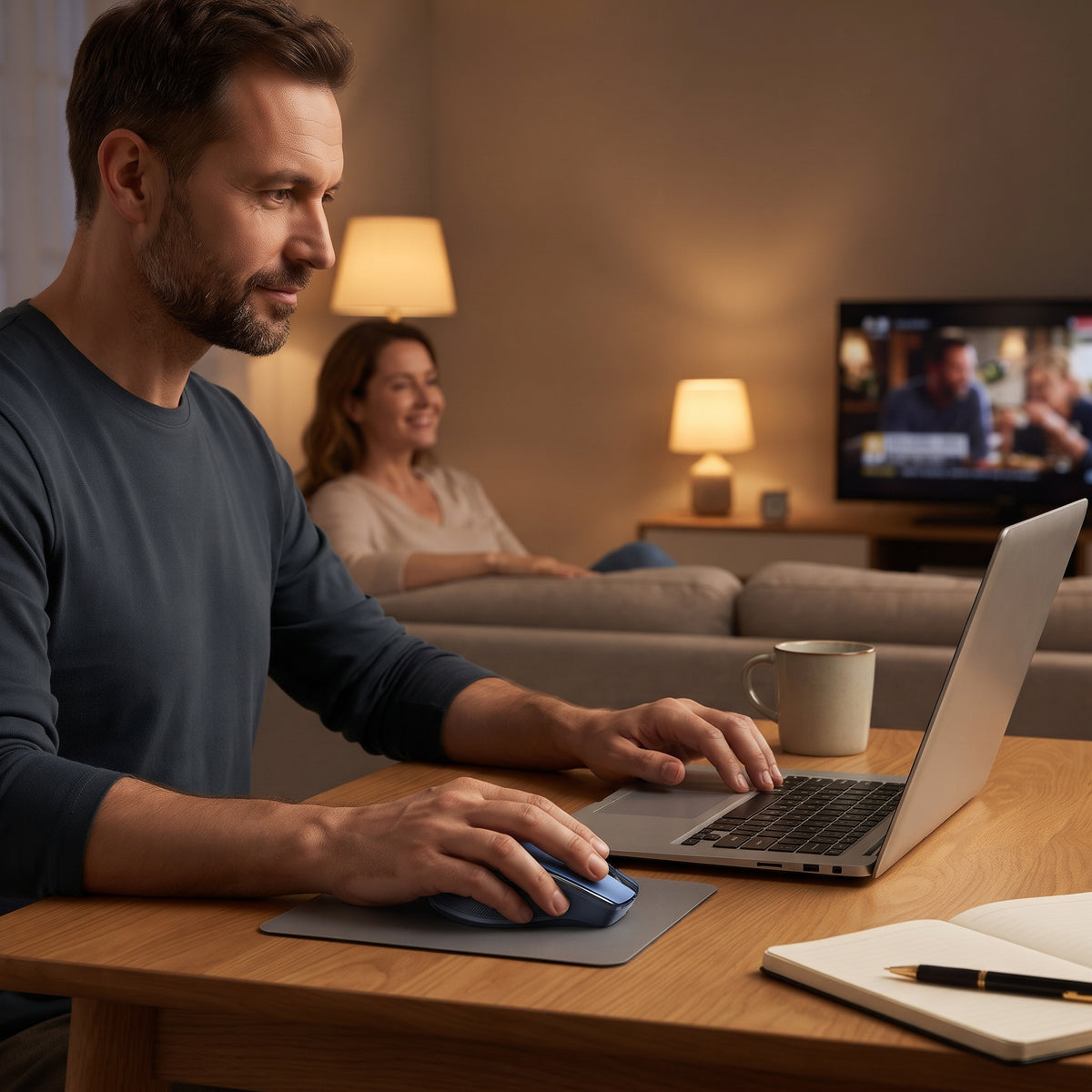 souris ergonomique bleue silencieuse épouse écoute télévision