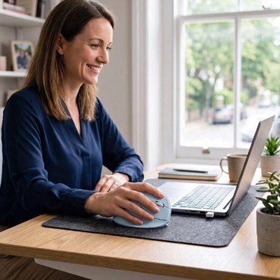 Souris ergonomique sans fil bleue avec femme souriante à son poste de travail