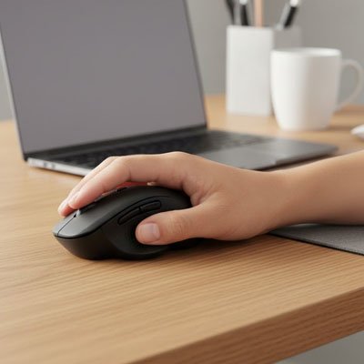 Souris ergonomique noire avec une main