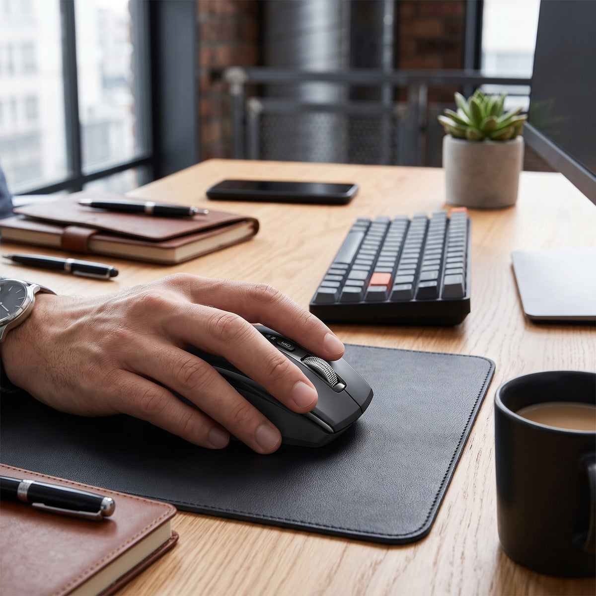 souris ergonomique vitesse noire avec main d'homme sur bureau