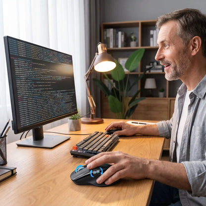 souris ergonomique vitesse noire programmeur surpris par la vitesse
