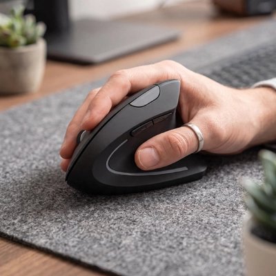 Souris verticale ergonomique noire avec main droite sur bureau