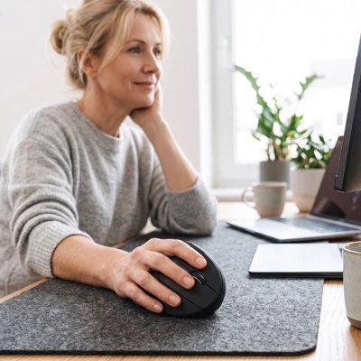 Souris verticale ergonomique avec femme heureuse à son bureau de travail