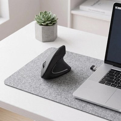 Souris verticale ergonomique sur bureau avec ordinateur portable et sous-mains