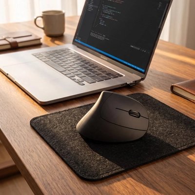 Souris verticale ergonomique noire sur table de bois avec ordinateur café et agenda