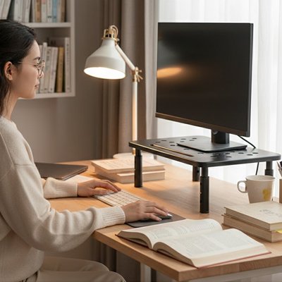 Support écran PC noir sur bureau étudiante