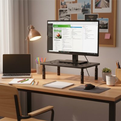 Support ecran PC noir sur bureau