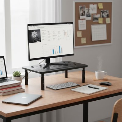 Support ecran PC noir sur table de travail