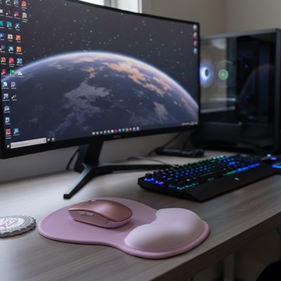 Tapis de souris ergonomique rose devant ordinateur